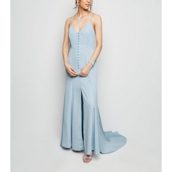 Pale Blue Satin Button Front Maxi Dress