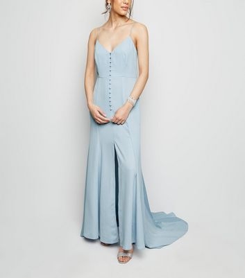 Pale Blue Satin Button Front Maxi Dress