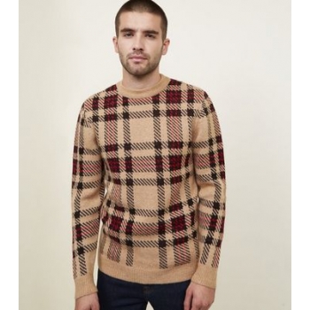 Camel Brushed Check Crew Neck Jumper