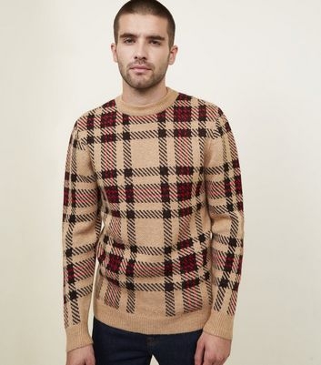 Camel Brushed Check Crew Neck Jumper