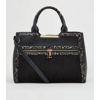 Black Faux Snake Trim Colour Block Tote Bag