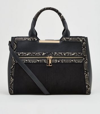 Black Faux Snake Trim Colour Block Tote Bag