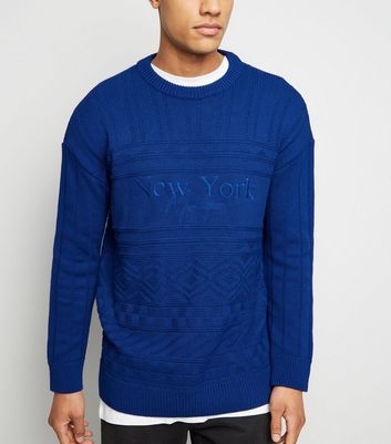 Bright Blue USA Slogan Cable Knit Jumper