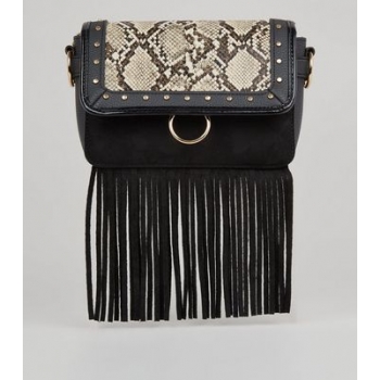 Black Fringe Faux Snake Cross Body Bag