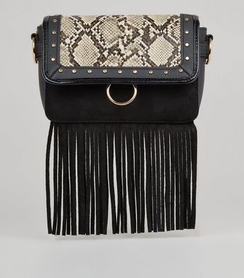 Black Fringe Faux Snake Cross Body Bag