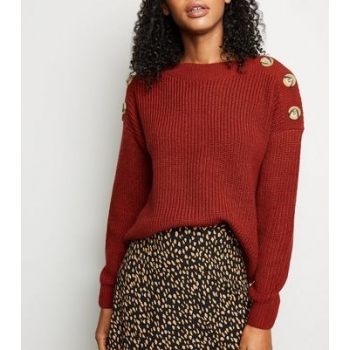 Rust Faux Horn Button Shoulder Jumper