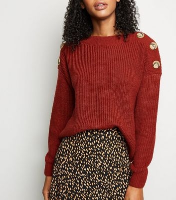 Rust Faux Horn Button Shoulder Jumper