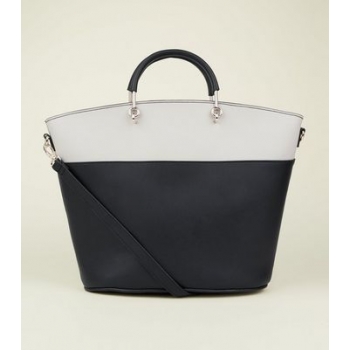 Black Colour Block Metal Handle Tote Bag