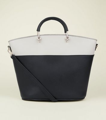 Black Colour Block Metal Handle Tote Bag