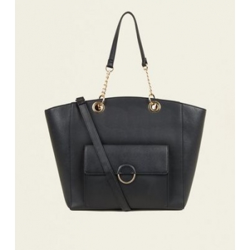 Black Leather-Look Ring Front Tote Bag