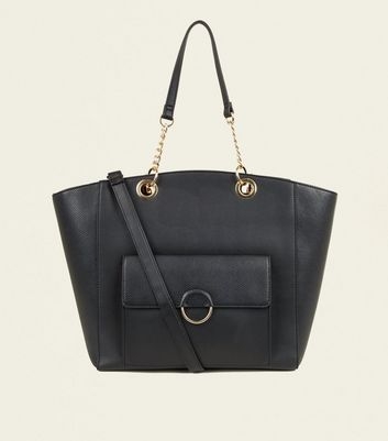 Black Leather-Look Ring Front Tote Bag