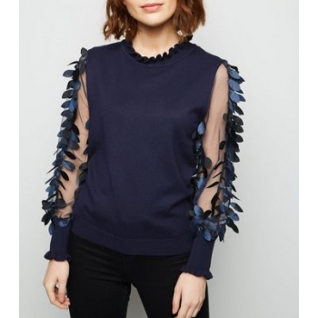 Blue Vanilla Navy Leaf Mesh Sleeve Jumper