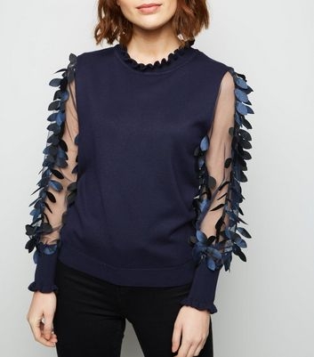 Blue Vanilla Navy Leaf Mesh Sleeve Jumper