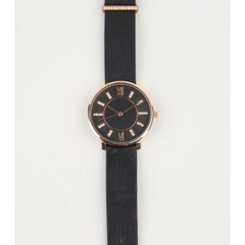 Black Leather-Look Strap Diamanté Analogue Watch