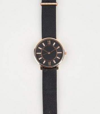 Black Leather-Look Strap Diamanté Analogue Watch