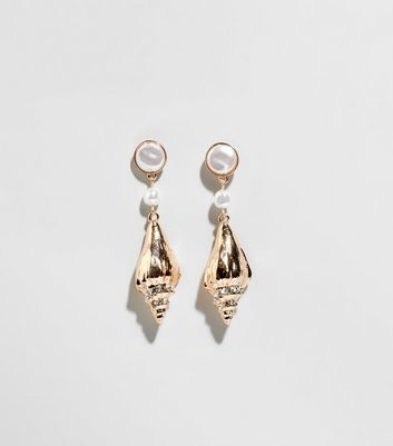 Gold Shell and Faux Pearl Earrings