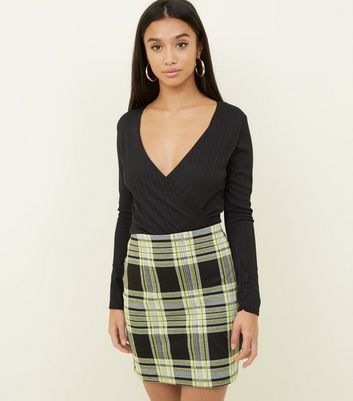 Petite Yellow Neon Check Tube Skirt