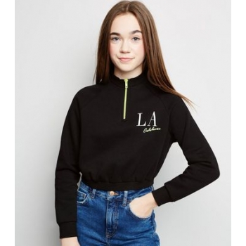 Girls Black Neon Zip LA Slogan Sweatshirt