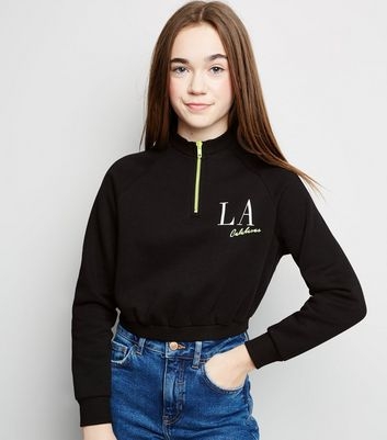 Girls Black Neon Zip LA Slogan Sweatshirt