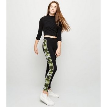 Girls Black Piped Camo Side Panel Leggings