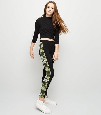 Girls Black Piped Camo Side Panel Leggings