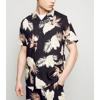 Black Leaf Print Revere Collar Shirt