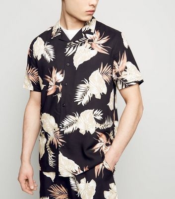 Black Leaf Print Revere Collar Shirt