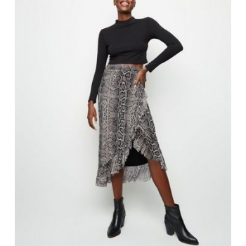 Black Snake Print Mesh Midi Skirt