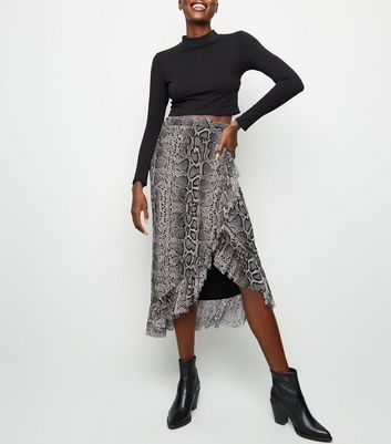 Black Snake Print Mesh Midi Skirt