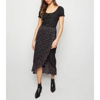 Black Ditsy Floral Mesh Midi Skirt