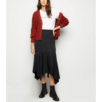 Black Satin Hanky Hem Midi Skirt