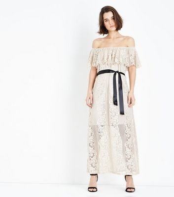 Mela Cream Lace Underlay Bardot Neck Dress