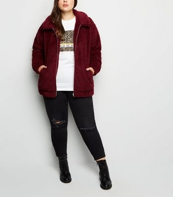 Curves Burgundy Teddy Borg Bomber Jacket