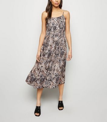 Brown Snake Print Strappy Pleated Midi Dress