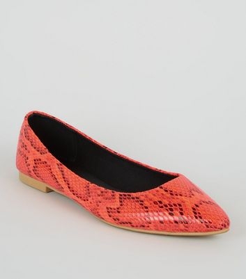 Orange Neon Faux Snake Ballet Pumps