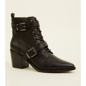 Black Lace Up Buckle Strap Western Boots