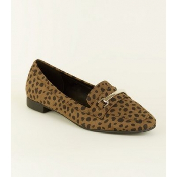 Wide Fit Khaki Animal Print Bar Front Loafers