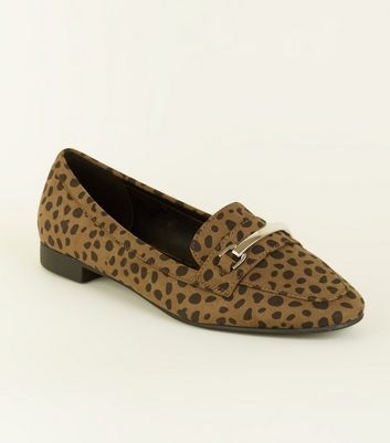 Wide Fit Khaki Animal Print Bar Front Loafers