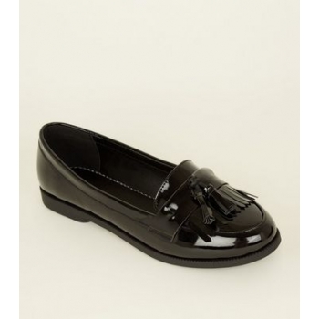 Black Patent Tassel Fringe Trim Loafers