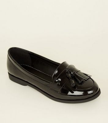 Black Patent Tassel Fringe Trim Loafers