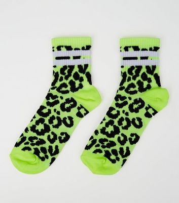 Yellow Neon Leopard Print Sport Stripe Socks