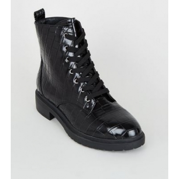 Wide Fit Black Faux Croc Lace Up Boots