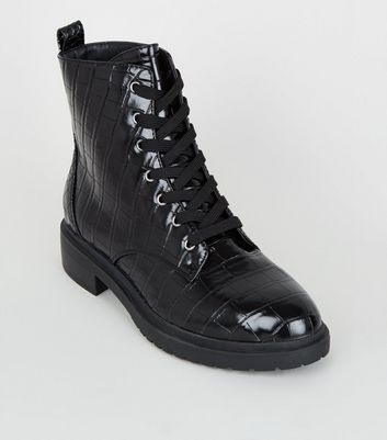 Wide Fit Black Faux Croc Lace Up Boots