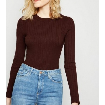 Dark Brown Ribbed Crew Neck Jumper