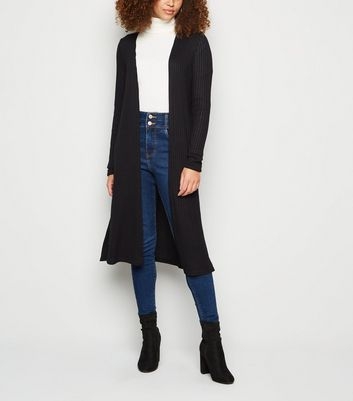 Black Fine Knit Rib Longline Cardigan