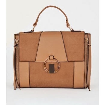 Tan Mixed Panel Ring Front Satchel Bag