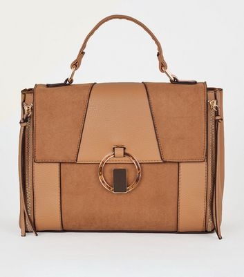 Tan Mixed Panel Ring Front Satchel Bag