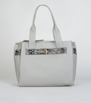 Grey Faux Snake Strap Tote Bag