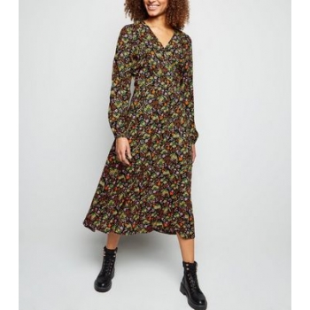 Tall Black Ditsy Floral Long Sleeve Button Midi Dress