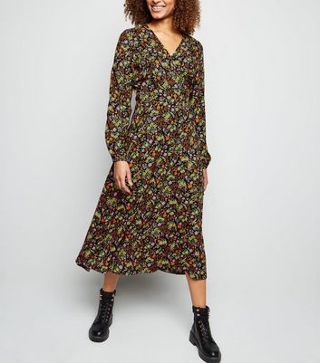 Tall Black Ditsy Floral Long Sleeve Button Midi Dress